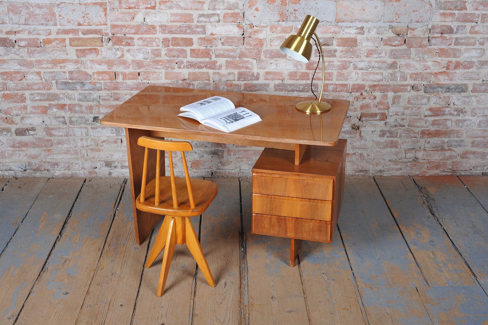 photo furniture Restored Mid Century Writing Desk, By B. Landsman, Walnut, Oak, Czech, 1950s