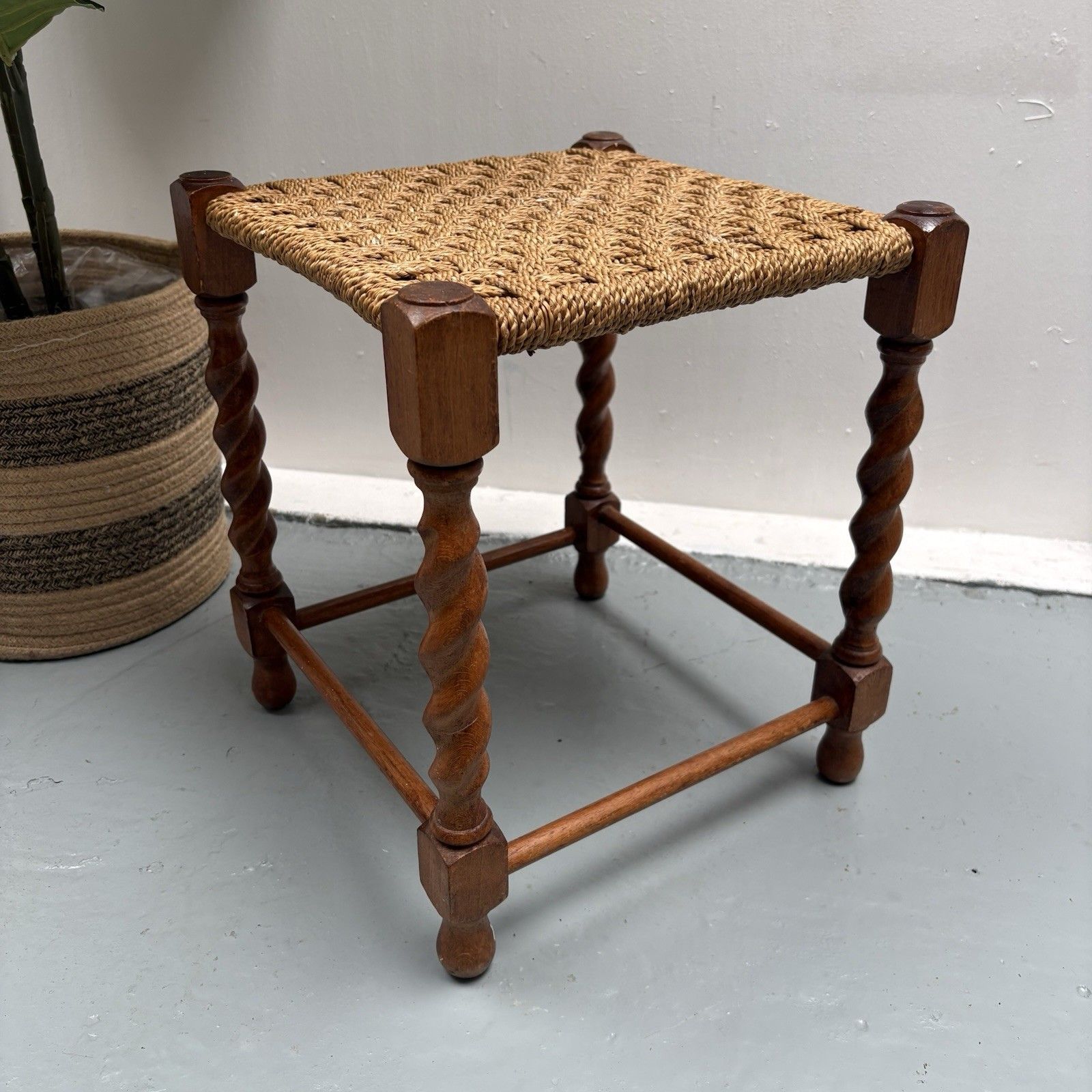 Vintage French Woven Jupe Rope Sea Grass Square Foot Stool Table Barley Twist