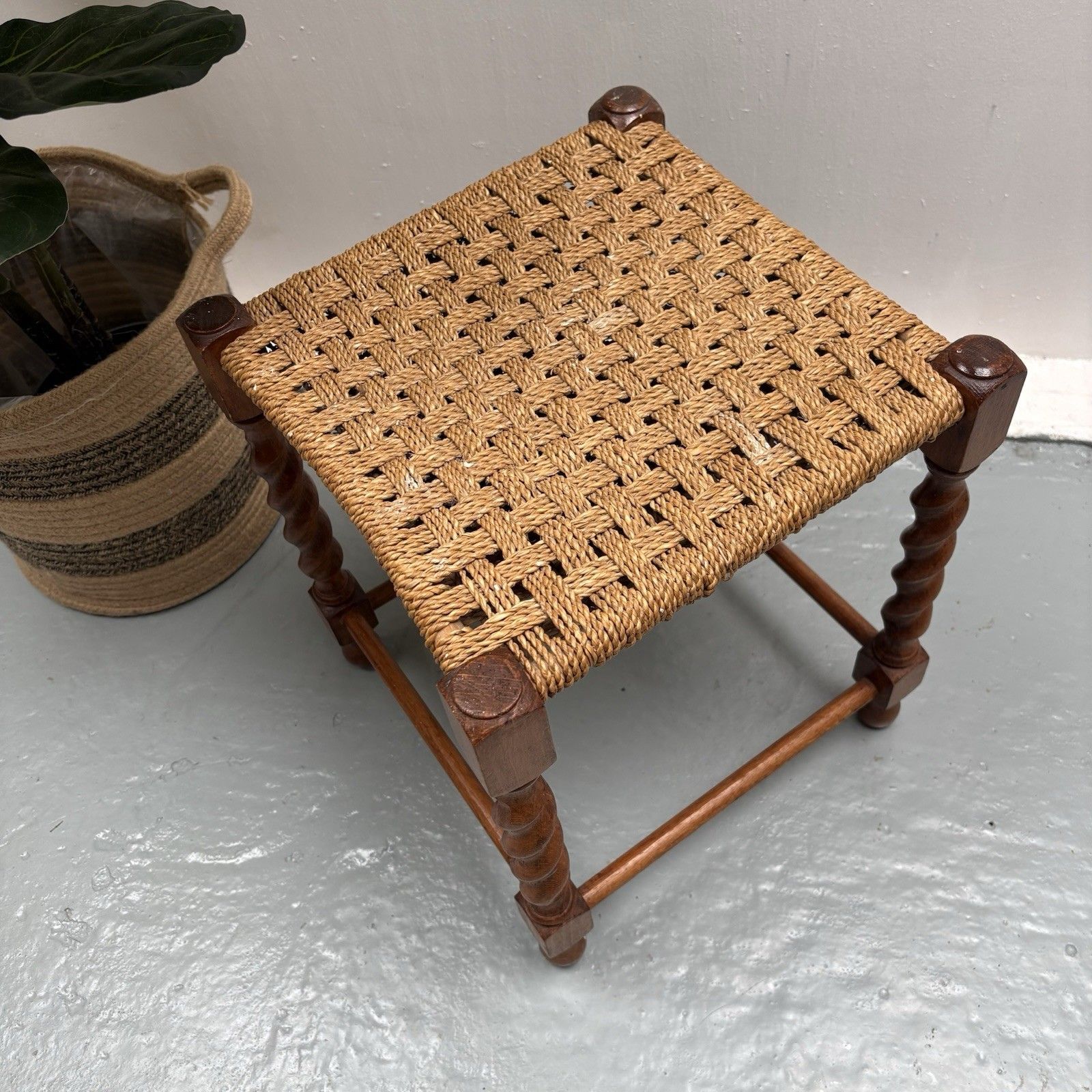 Vintage French Woven Jupe Rope Sea Grass Square Foot Stool Table Barley Twist photo for sale