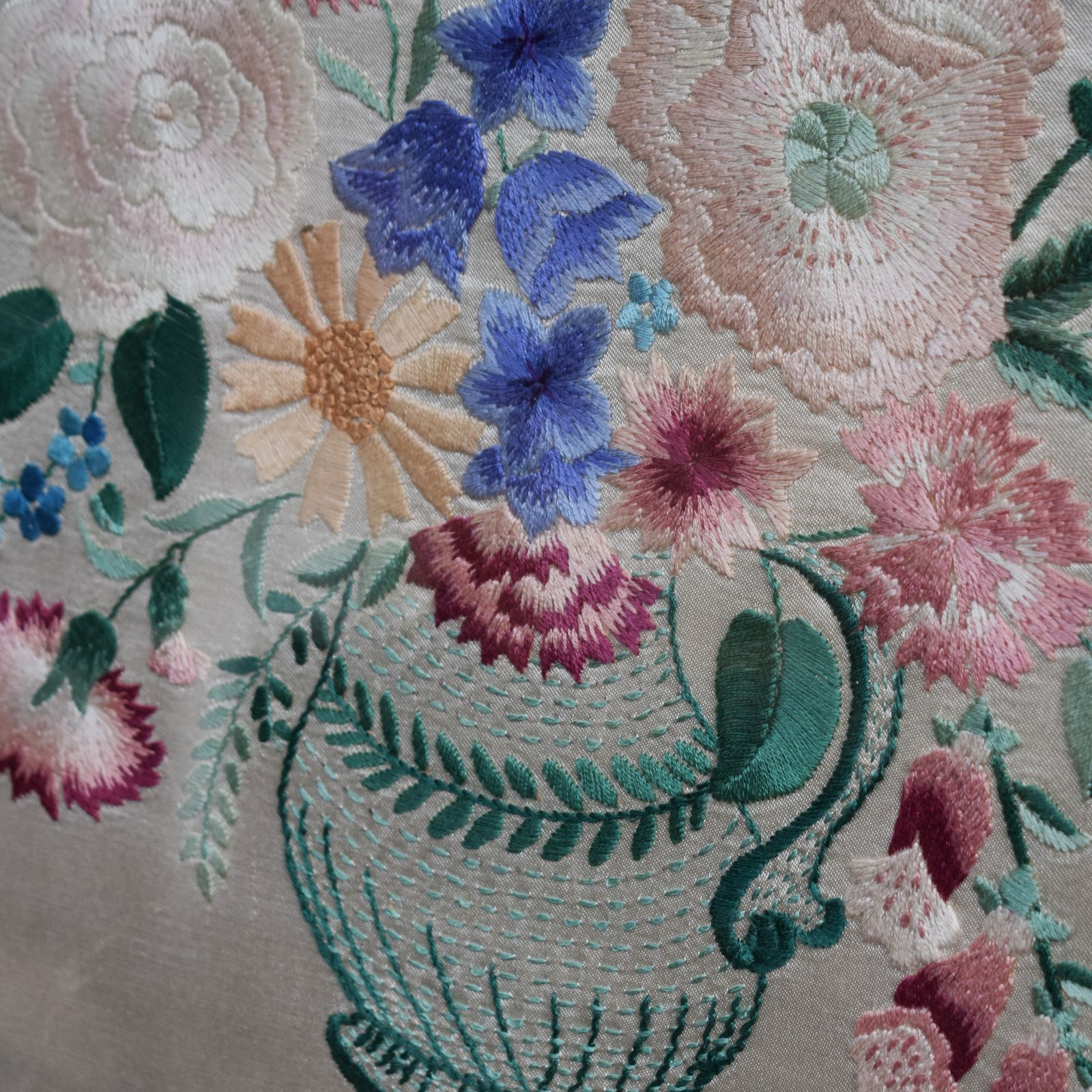 Antique Handmade Crewelwork Vase Of Flowers Embroidery Tapestry On Silk Framed photo 175.0
