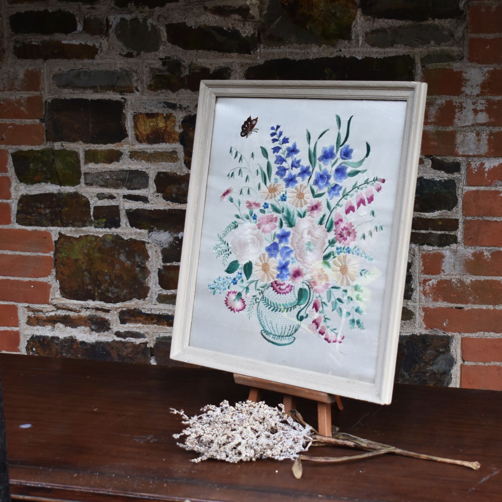 Antique Handmade Crewelwork Vase Of Flowers Embroidery Tapestry On Silk Framed photo vinterior