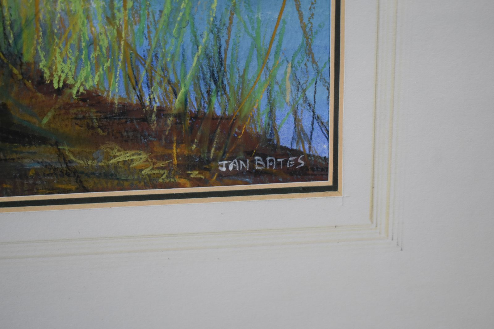 Vintage Jan Bates Blue Lake & Green Forest Trees Gouache Pastel Framed Picture photo Art