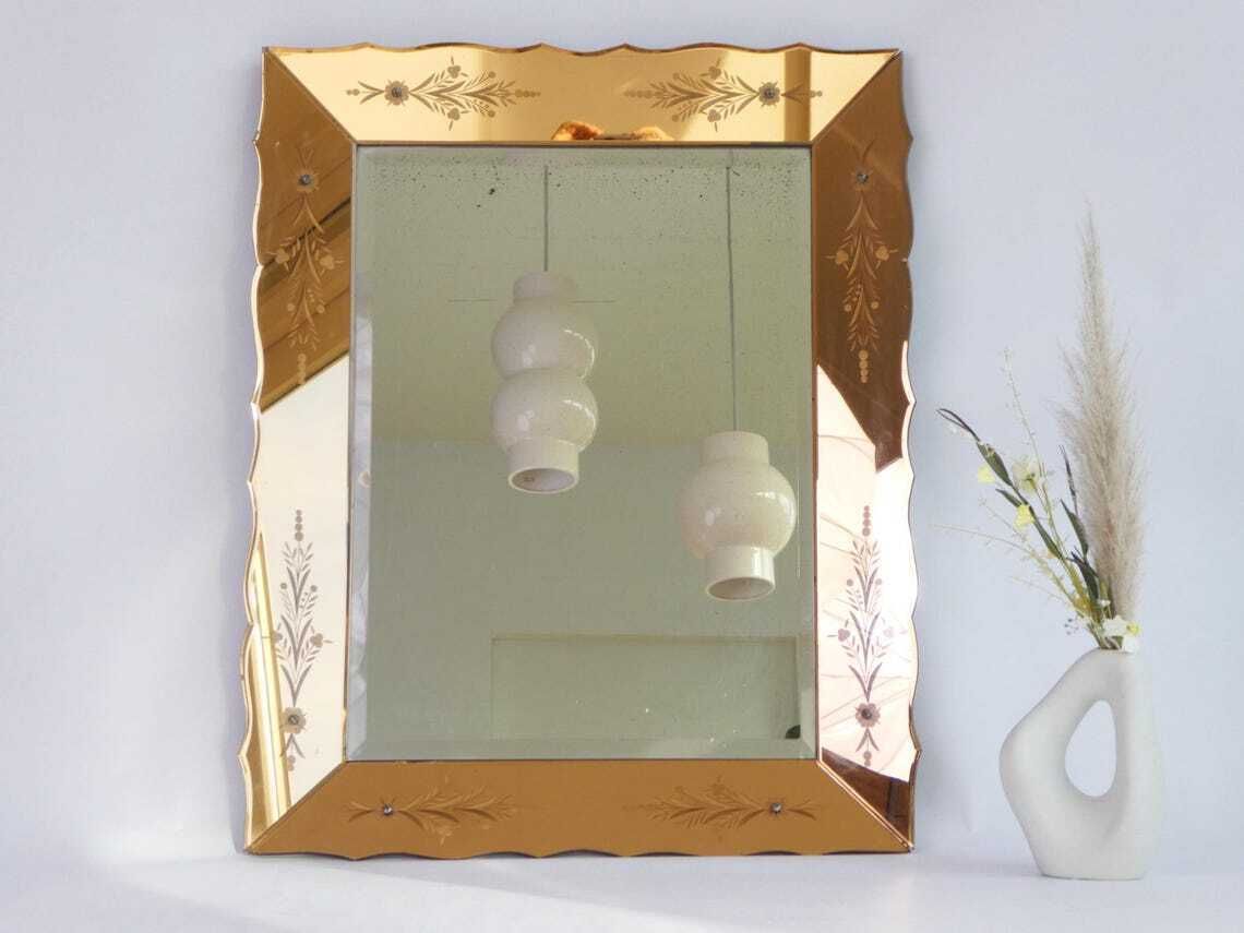 Large Venetian Bronze Rectangular Mirror With Etched Details Heavy Italian Ornate Wall Mirror With Carved Edges Italian Wall Hanging