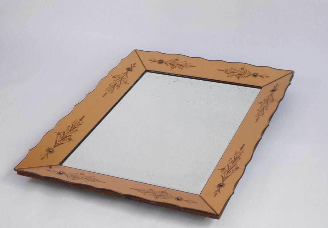 Large Venetian Bronze Rectangular Mirror With Etched Details Heavy Italian Ornate Wall Mirror With Carved Edges Italian Wall Hanging photo vintage