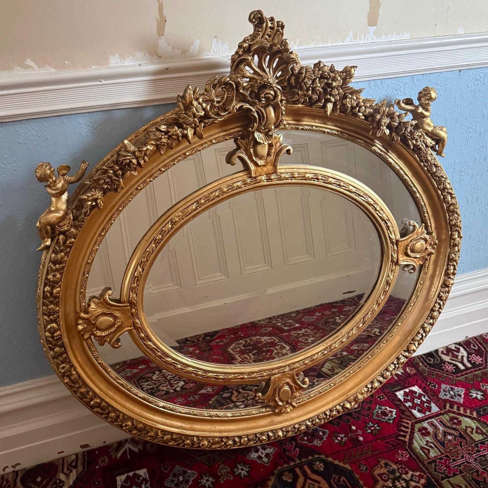Large French Oval Mirror, Carved Cherubs And Floral Motifs, 120cm X 120cm photo for sale