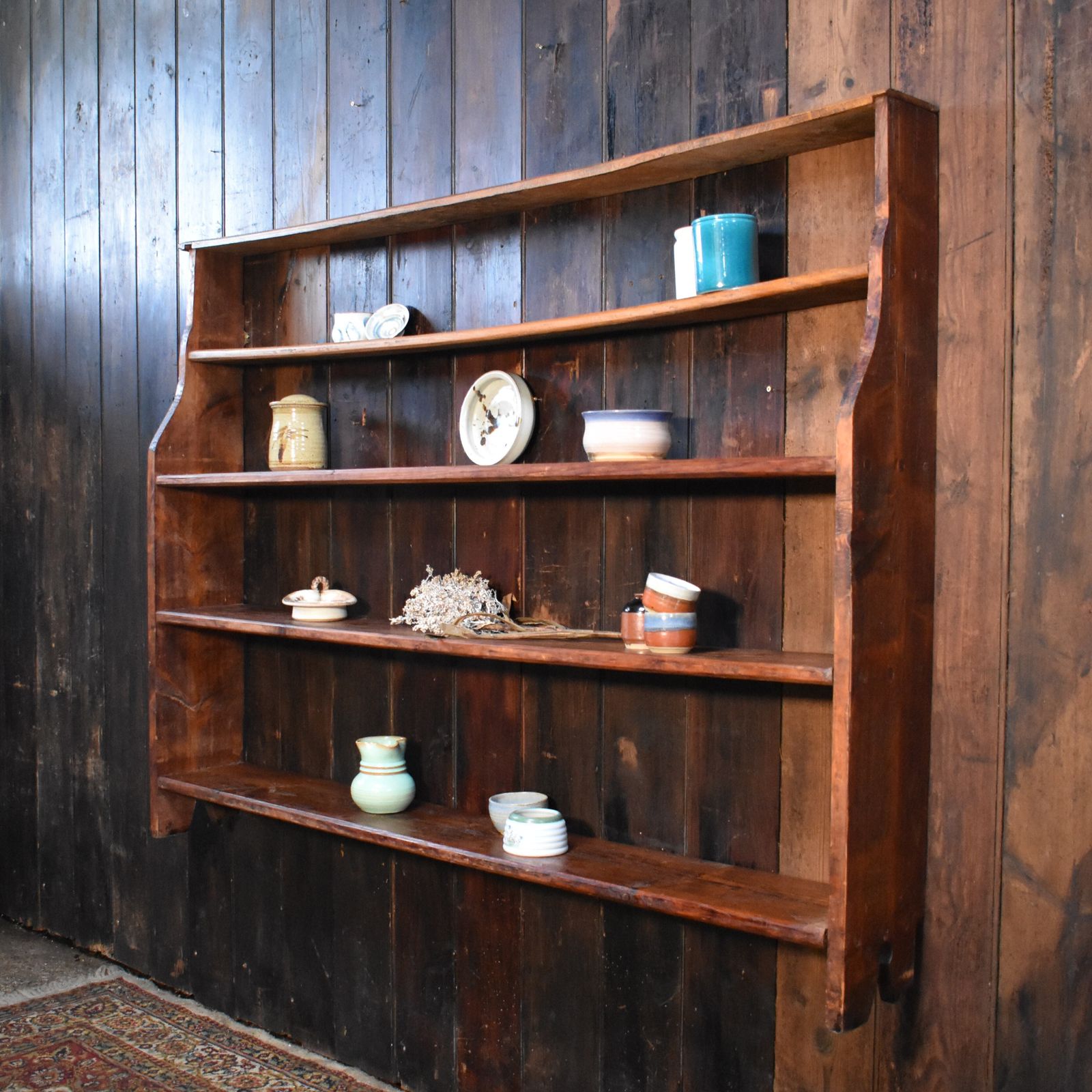 Antique Rustic Farmhouse Elm & Pine Pegged Plate Rack Large Dresser Wall Shelves