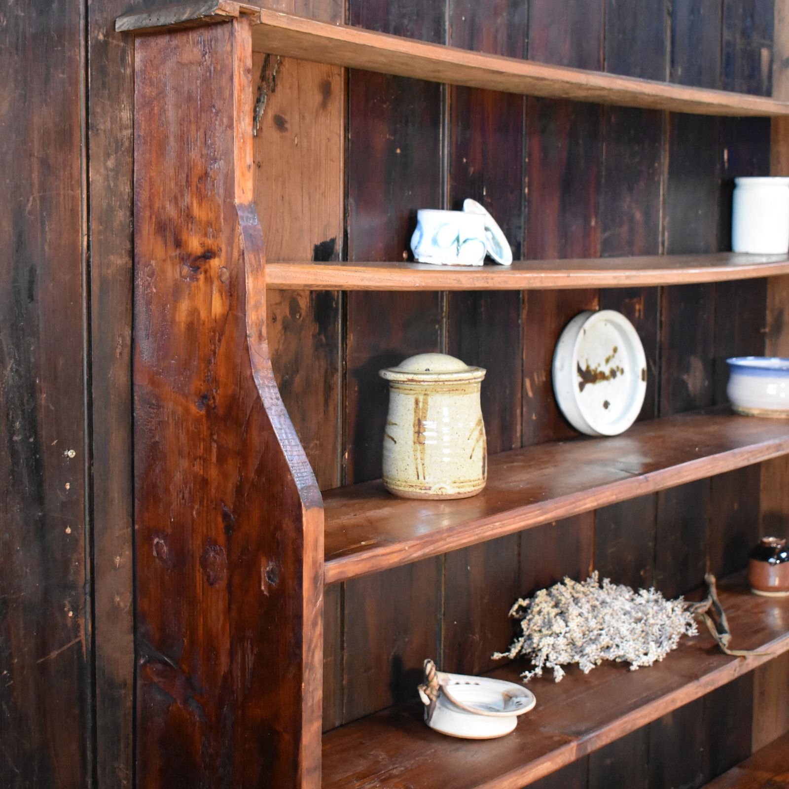 Antique Rustic Farmhouse Elm & Pine Pegged Plate Rack Large Dresser Wall Shelves photo for sale