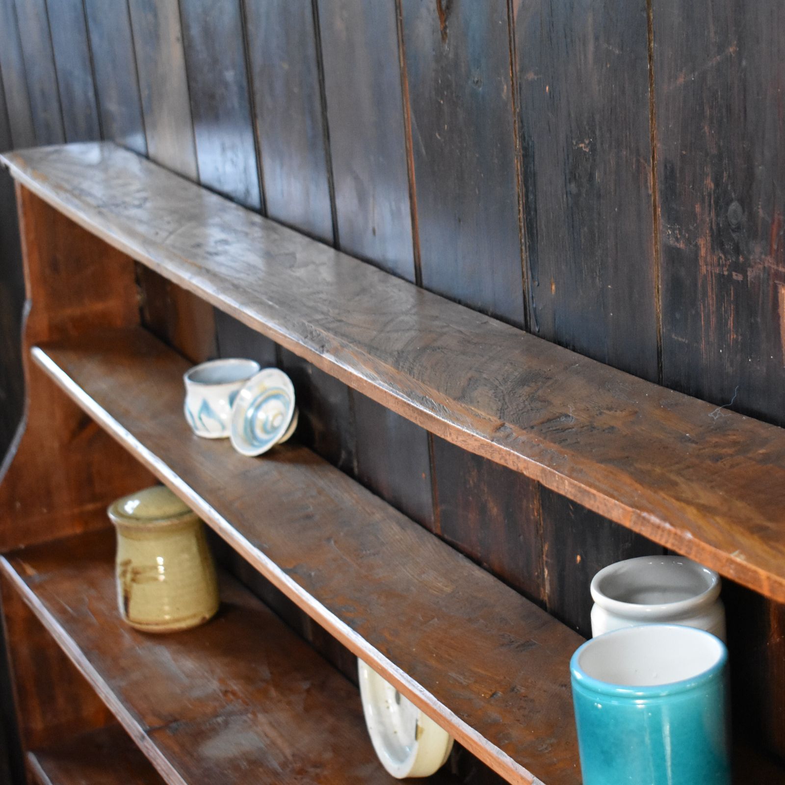 photo furniture Antique Rustic Farmhouse Elm & Pine Pegged Plate Rack Large Dresser Wall Shelves
