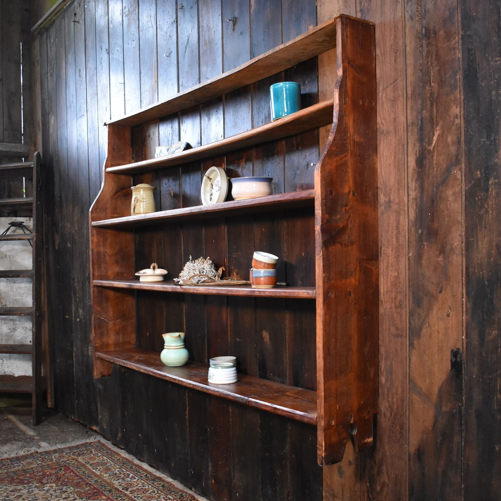 Furniture Antique Rustic Farmhouse Elm & Pine Pegged Plate Rack Large Dresser Wall Shelves photo