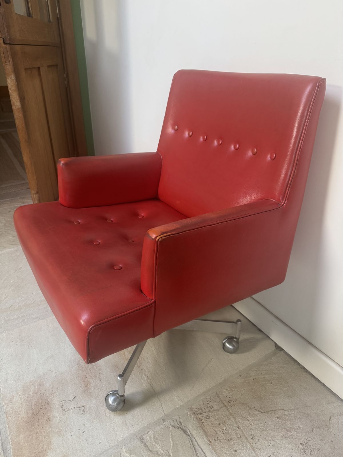 Retro Red Vinyl Swivel Lounge Chair photo for sale