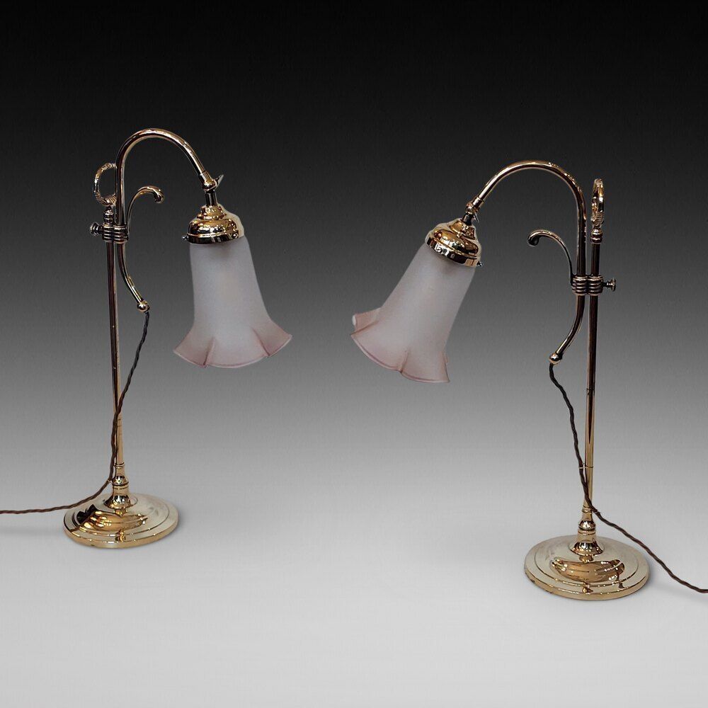 Pair Of Early 20thc Brass Swan Neck Desk Lamps