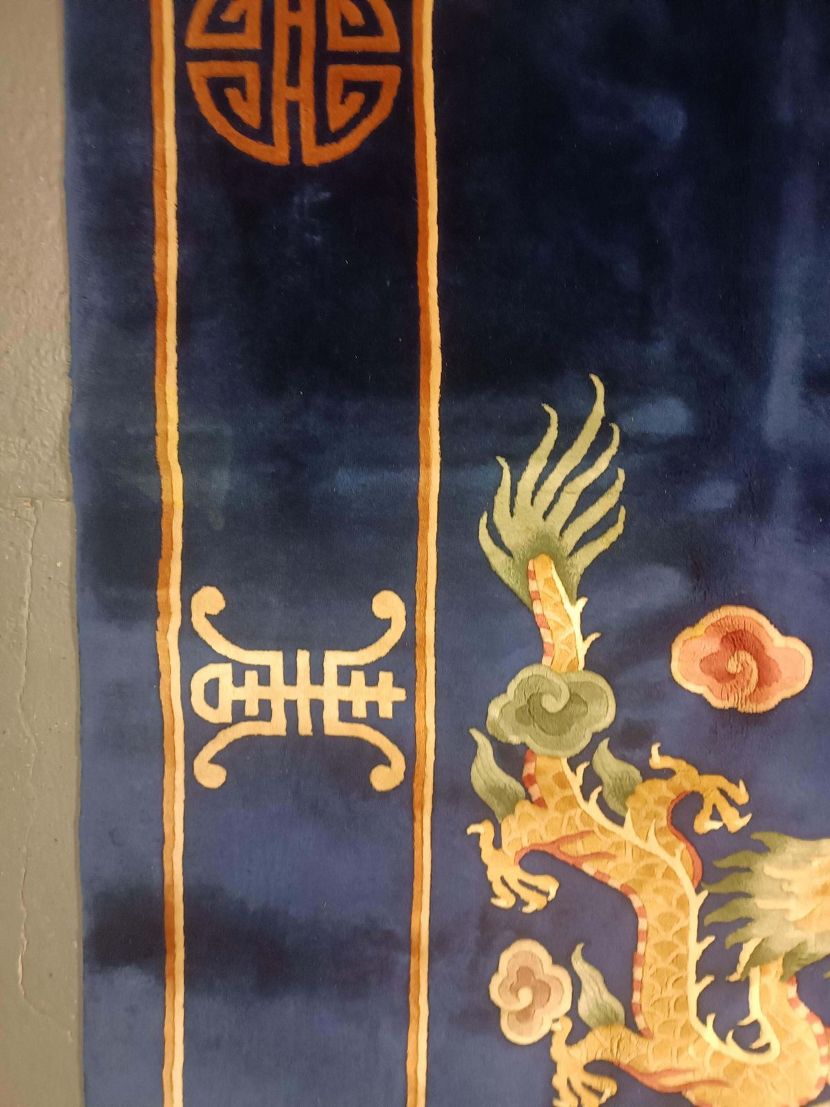 Square Vintage Rug, Chinese Art Deco Rug Oriental Handmade Navy Blue Carpet photo vinterior