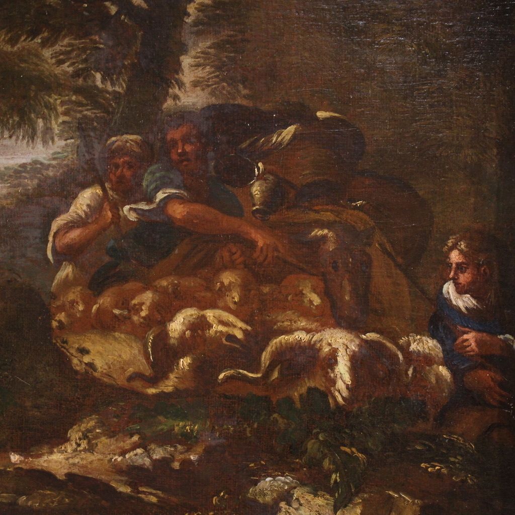 Antique Italian Painting From The 18th Century, Landscape With Pastoral Scene photo for sale