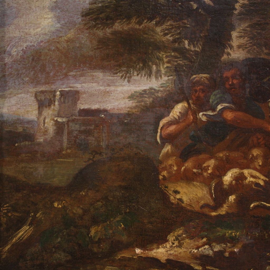 Antique Italian Painting From The 18th Century, Landscape With Pastoral Scene photo Art