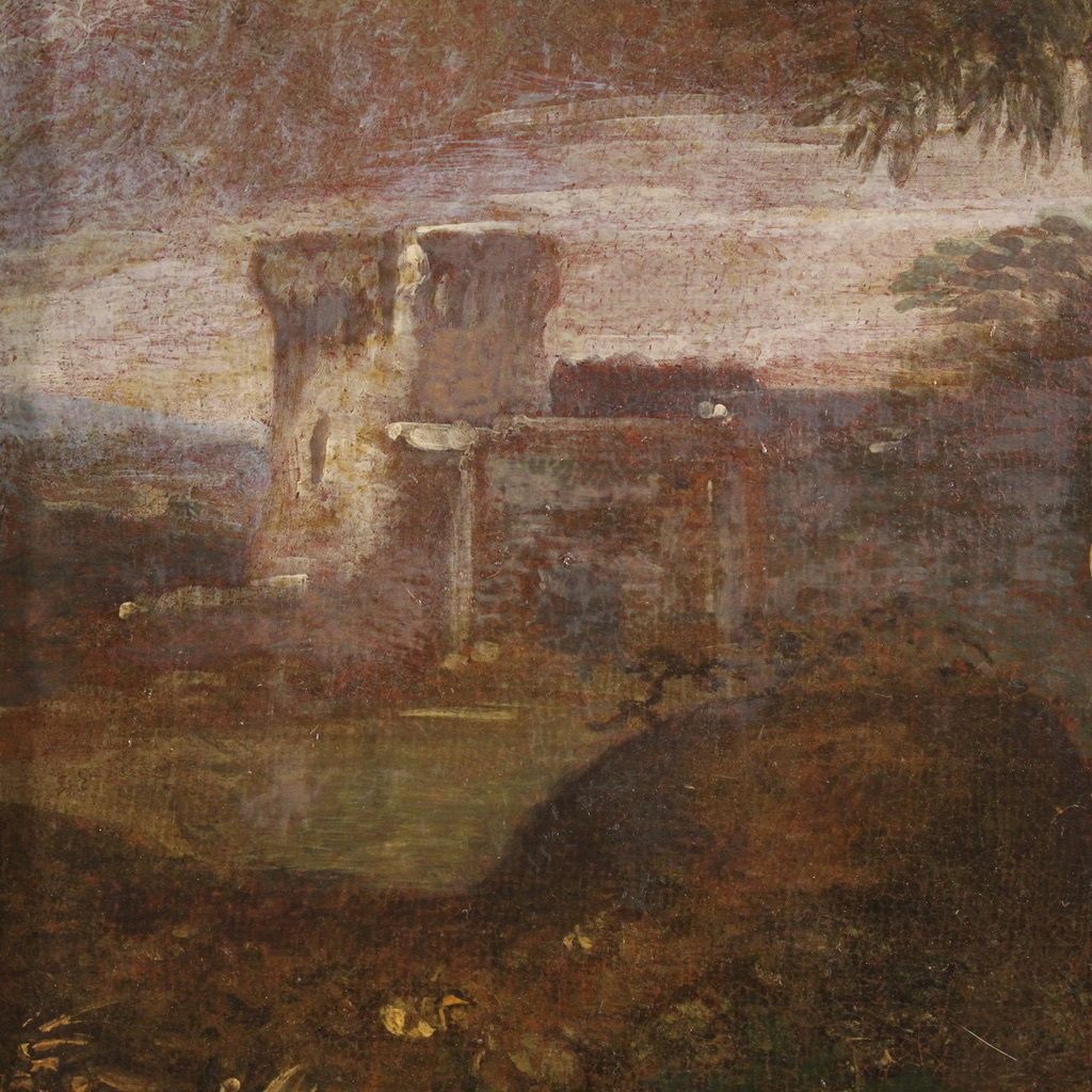 Antique Italian Painting From The 18th Century, Landscape With Pastoral Scene photo vinterior