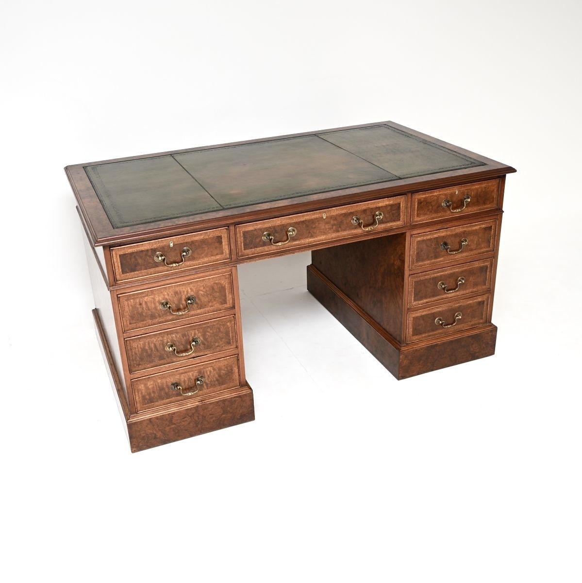 Antique Burr Walnut Leather Top Pedestal Desk