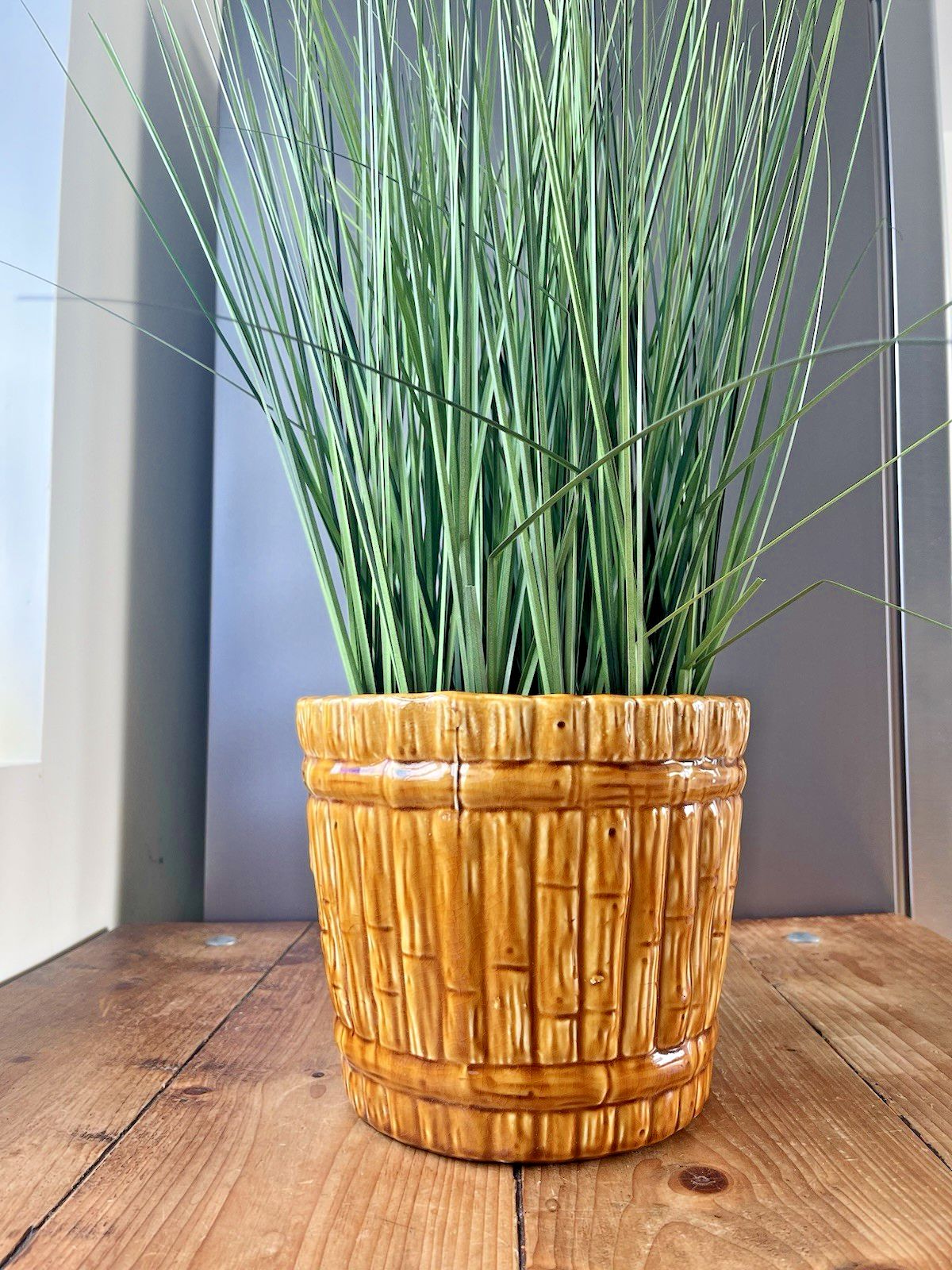 225.0 Antique Aesthetic Movement English Majolica Bamboo Planter Plant Pot Jardiniere DR Christopher Dresser Ault Linthorpe Style photo