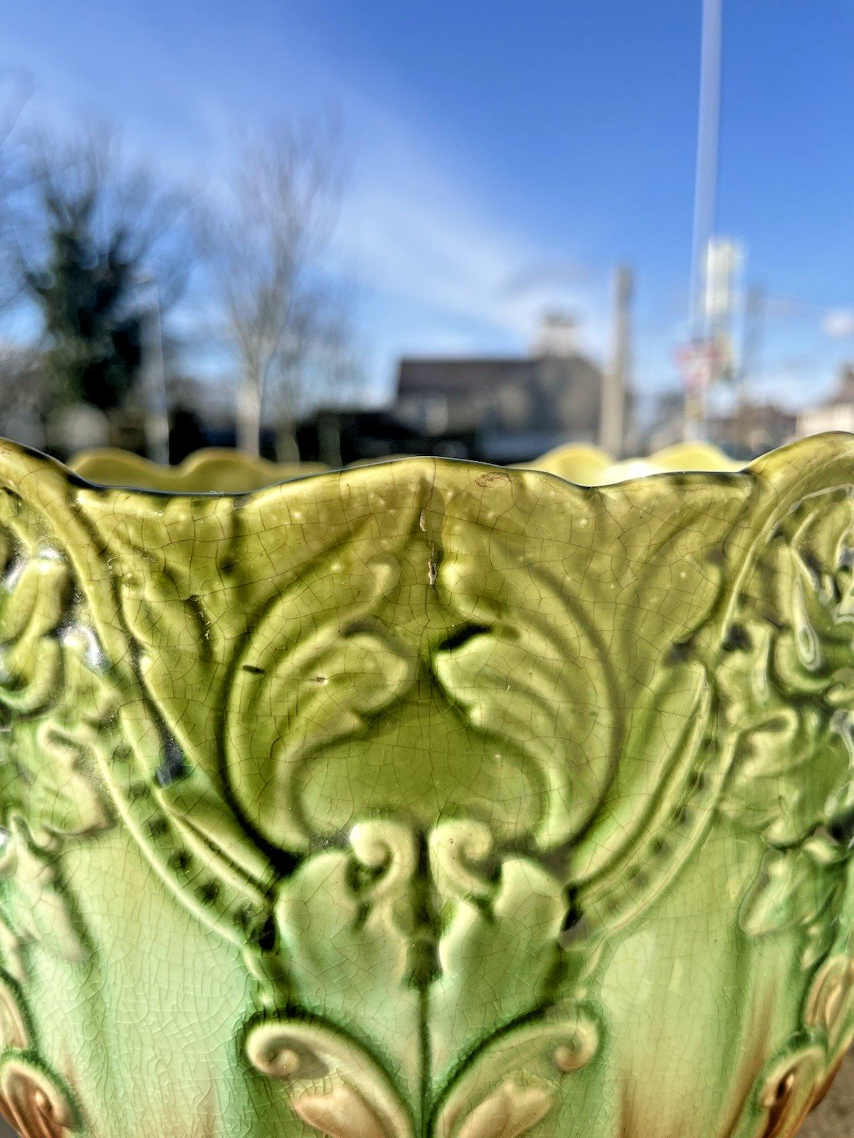 photo for sale Antique English Majolica Mask Green Man Jardiniere Plant Pot Thomas Forester ?