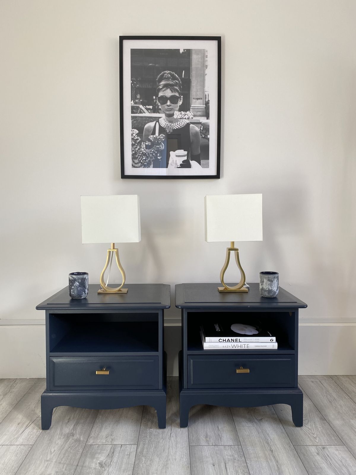Stag Minstrel, Pair Of Bedside Tables Cabinets, Side Tables, Classic, Handmade, Vintage! Bespoke Orders Available.Painted In Fusion Mineral Navy Blue.