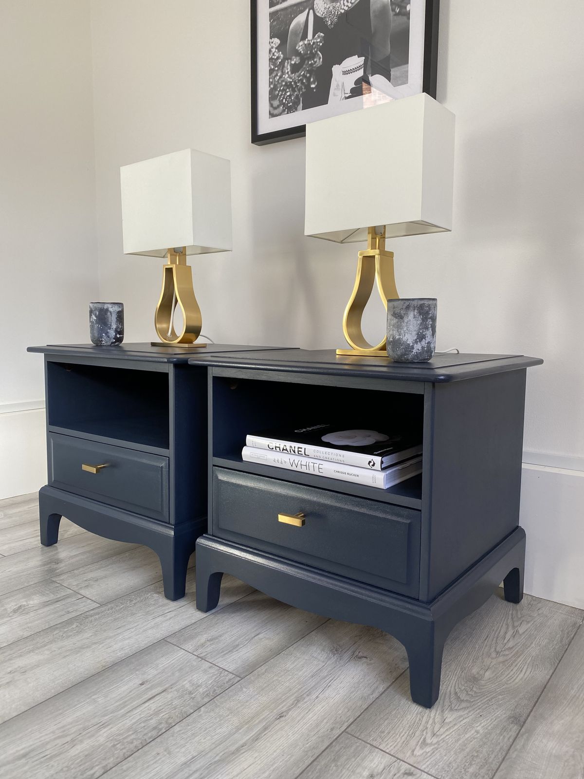 Stag Minstrel, Pair Of Bedside Tables Cabinets, Side Tables, Classic, Handmade, Vintage! Bespoke Orders Available.Painted In Fusion Mineral Navy Blue. photo Furniture