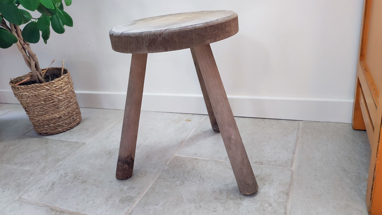 Furniture Vintage French Tripod Stool, Primitive French Stool Perriand Style photo