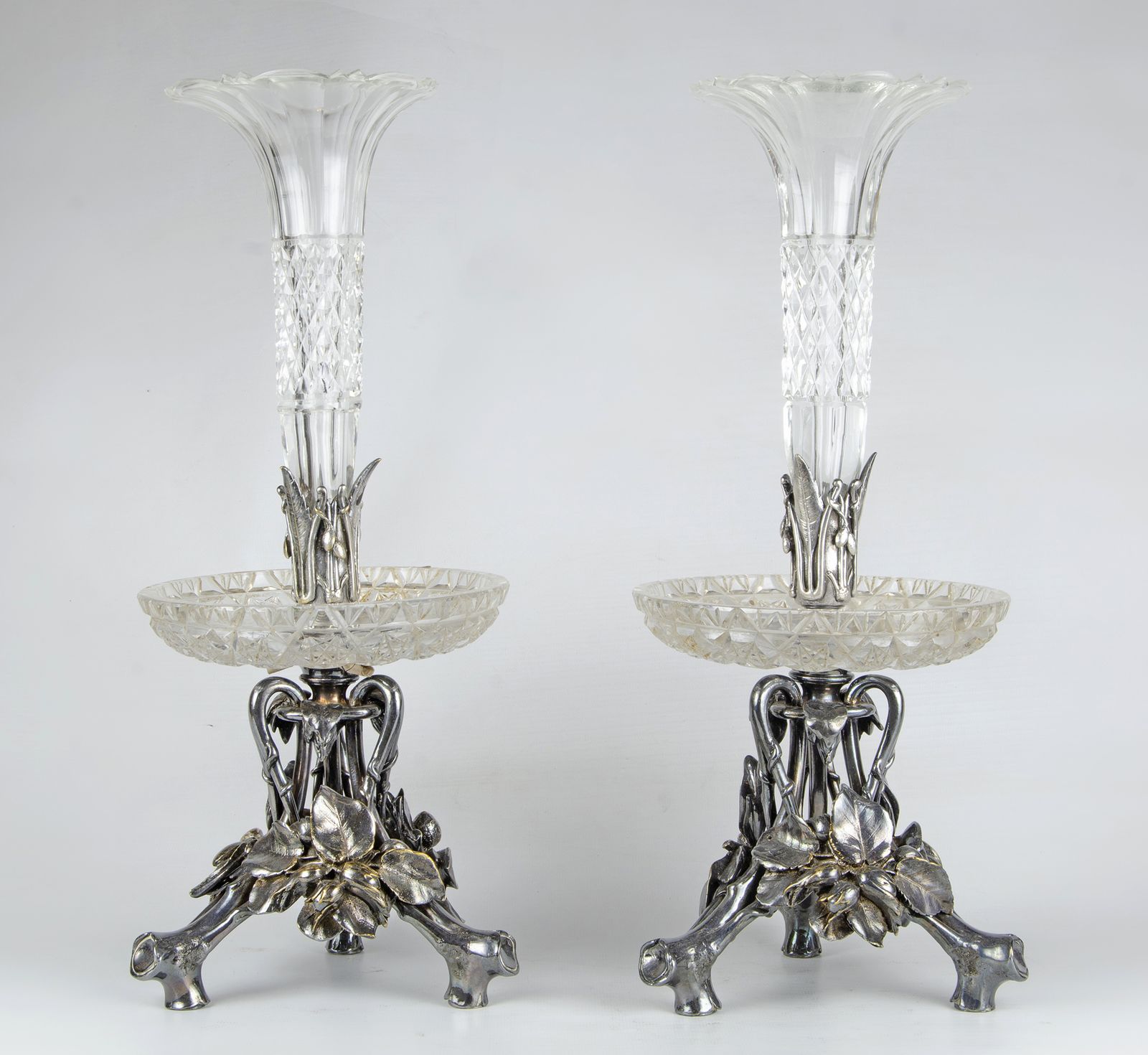Pair Of Late 19th Century Silvered Epergnes/Centerpieces With Cut Glass Bowls And Tops By Christofle, France