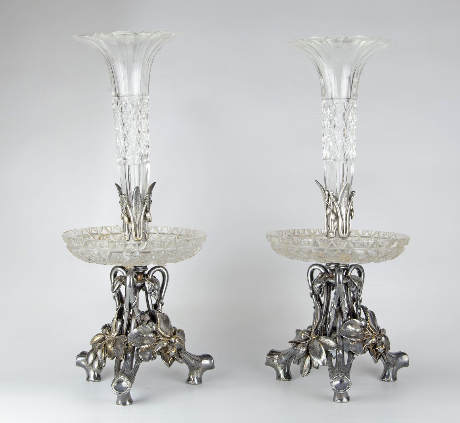 Pair Of Late 19th Century Silvered Epergnes/Centerpieces With Cut Glass Bowls And Tops By Christofle, France photo furniture