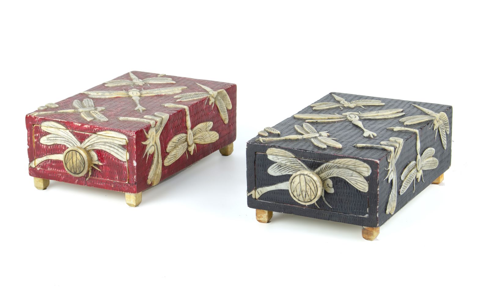 Pair Of Mid 20th Century Wood Jewelry Boxes With Carved Soapstone Dragonflies, Vietnam