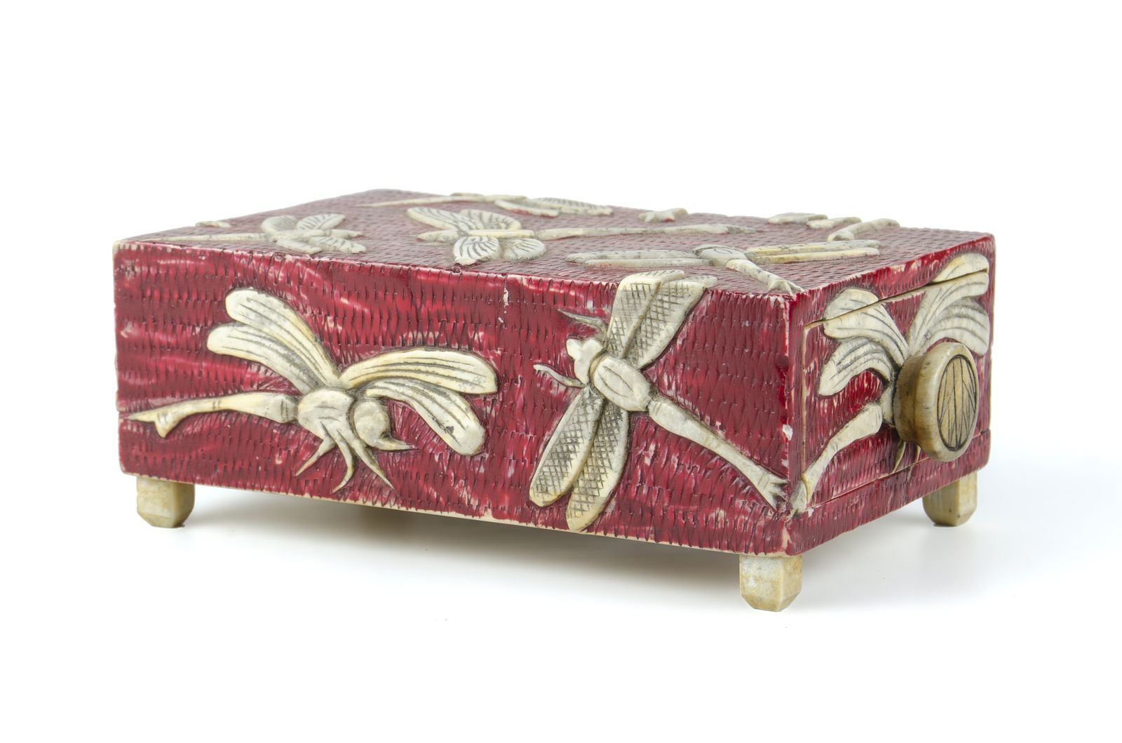 Pair Of Mid 20th Century Wood Jewelry Boxes With Carved Soapstone Dragonflies, Vietnam photo for sale