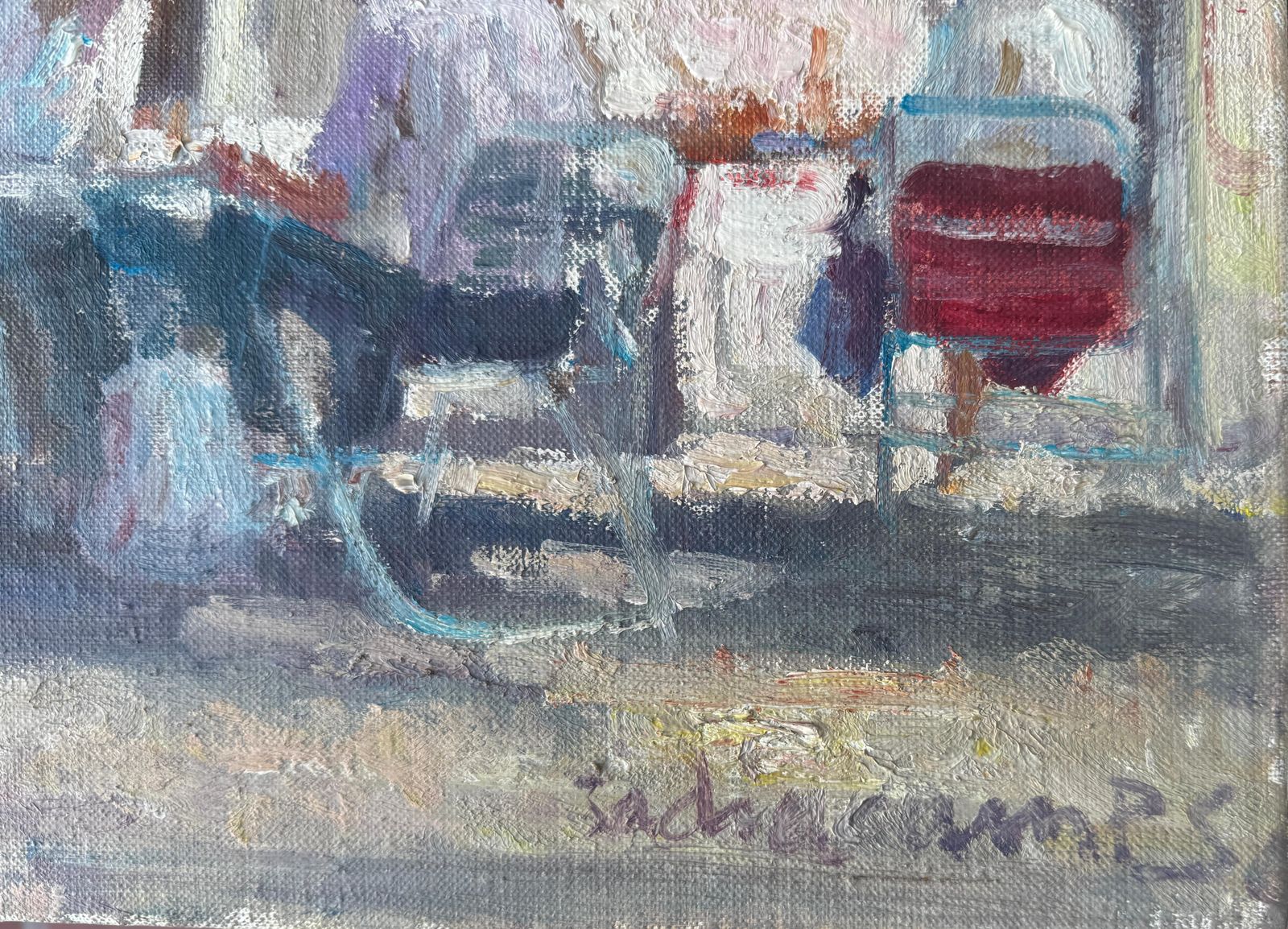 Angel Badia Camps Paris Café Terrace Scene Oil Painting European Post Impressionist Figurative Art C.1980 photo furniture