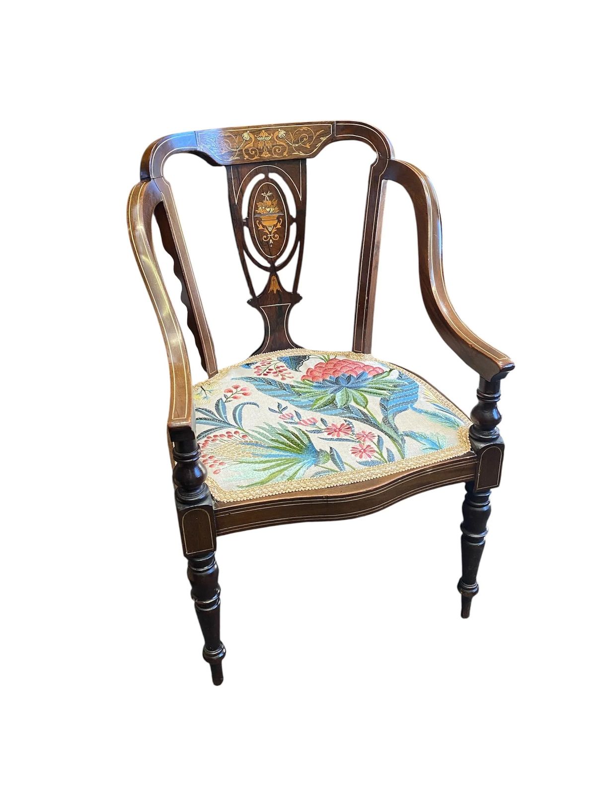 Antique Edwardian Inlaid Side Chair With Designer Fabric