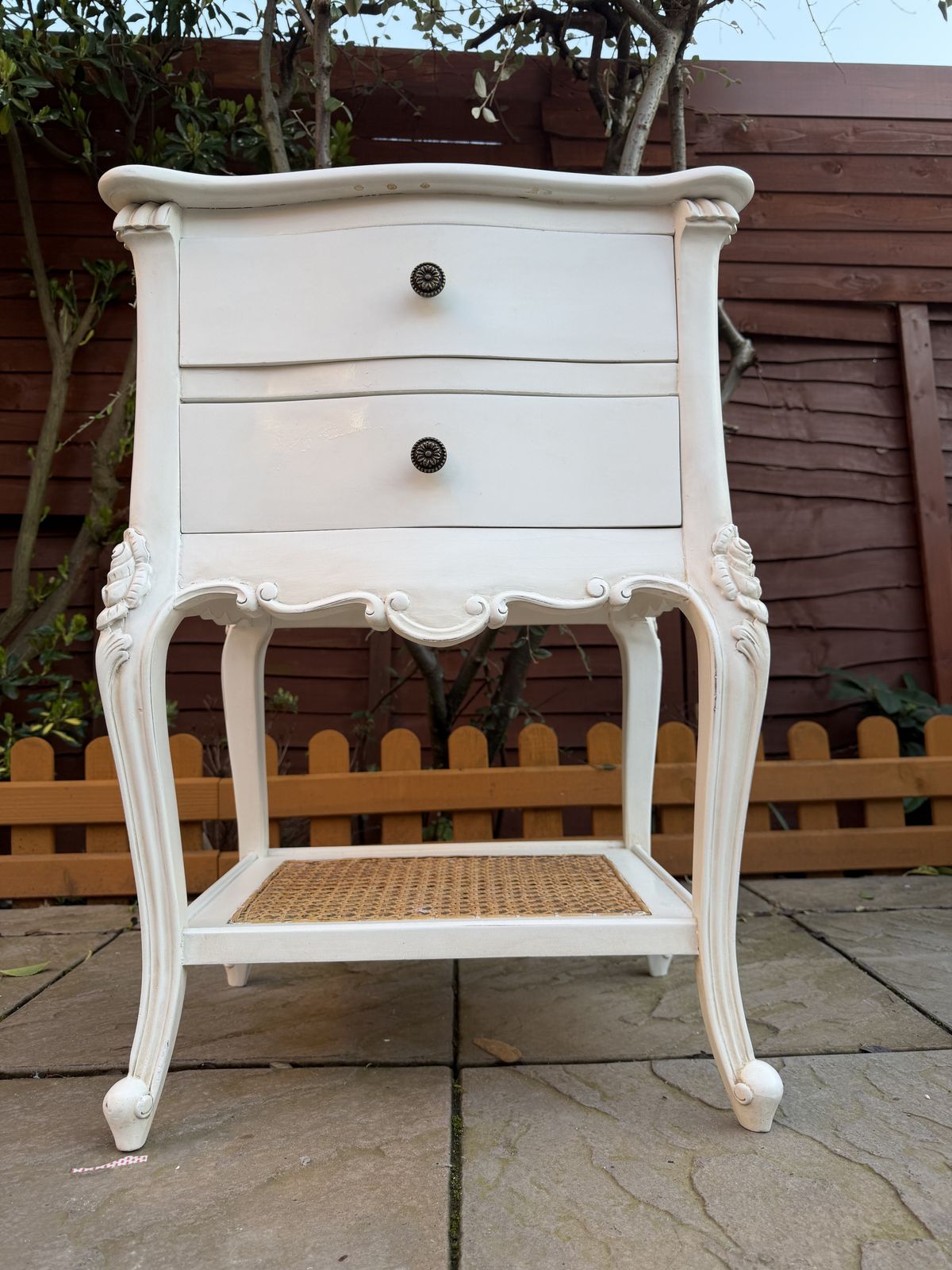 photo furniture Beautiful Coach House Provence French Style 2 Draw White Bedside Table With Rattan – Superb Condition – £334