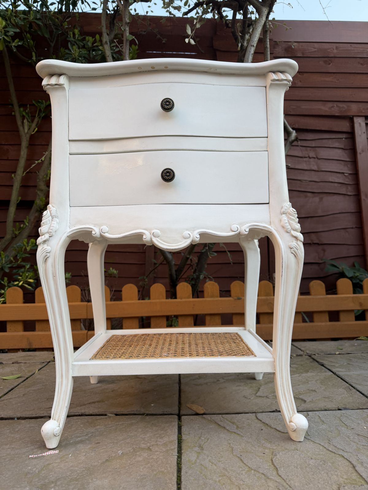 photo for sale Beautiful Coach House Provence French Style 2 Draw White Bedside Table With Rattan – Superb Condition – £334