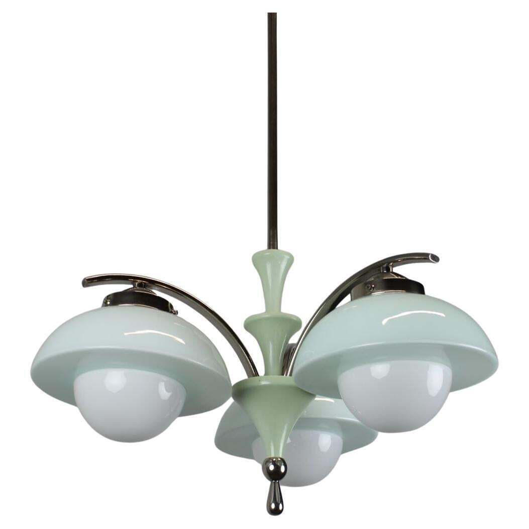 Art Deco Chandelier 1930s Czechoslovakia Mint Glass Chrome Ceiling Light