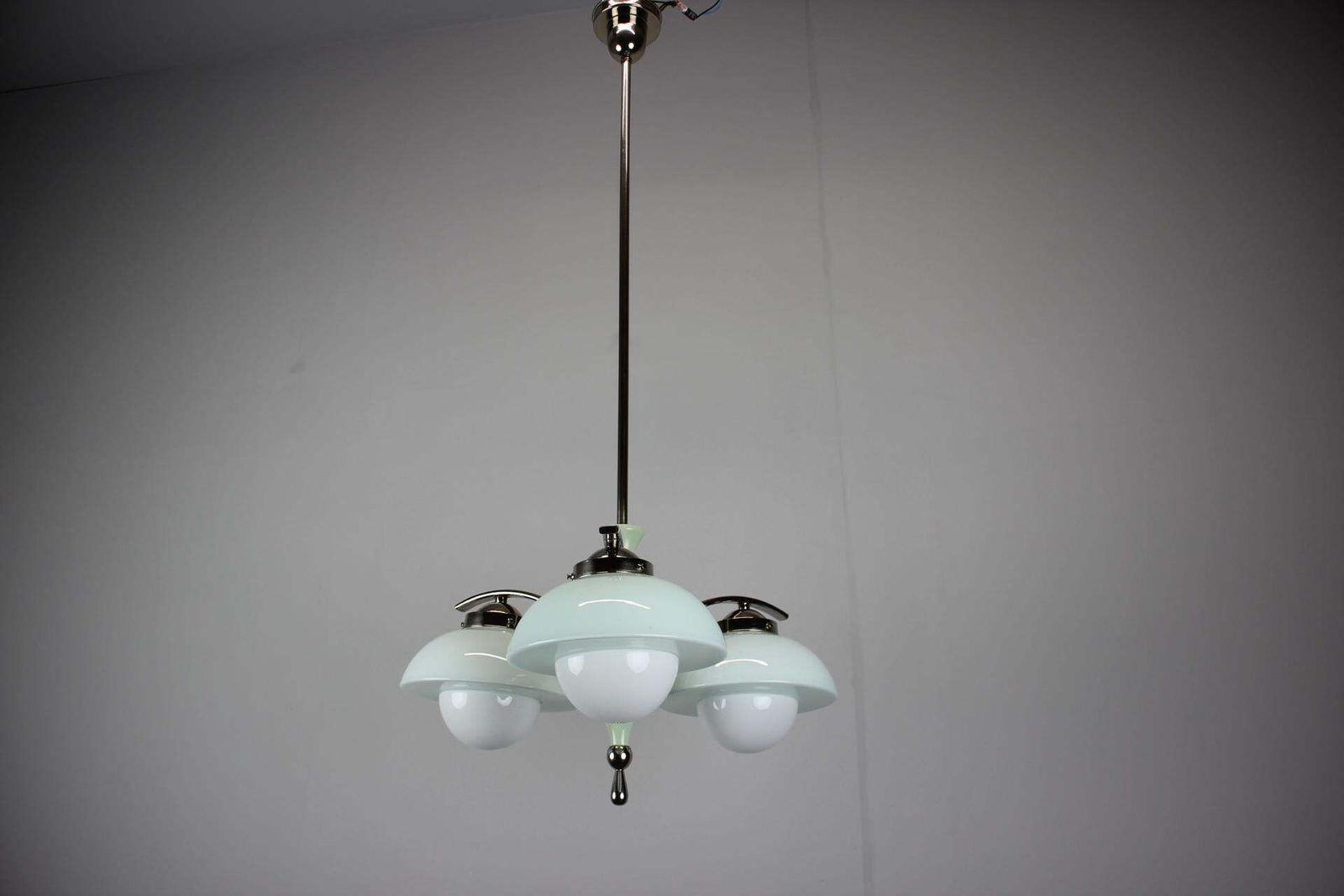 Art Deco Chandelier 1930s Czechoslovakia Mint Glass Chrome Ceiling Light photo furniture