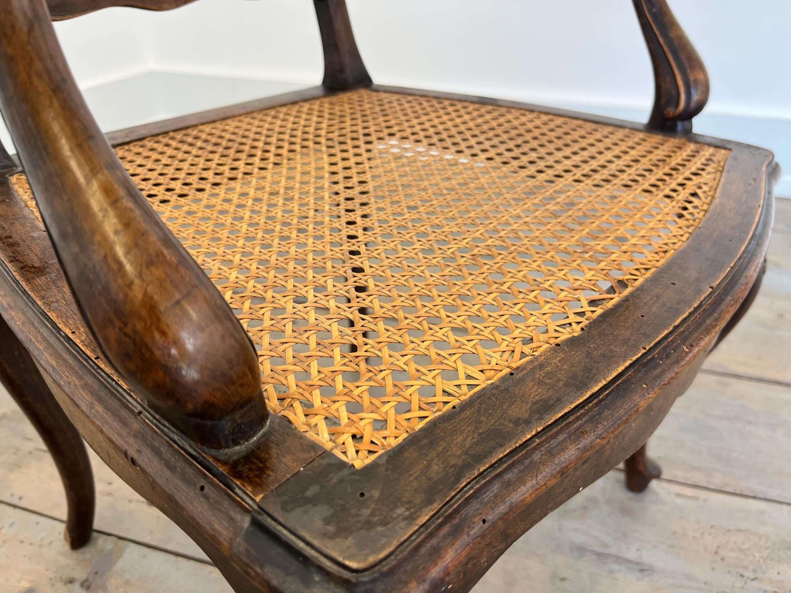 Antique French Rattan Armchair / Hand Carved Wood / 1890s photo Furniture