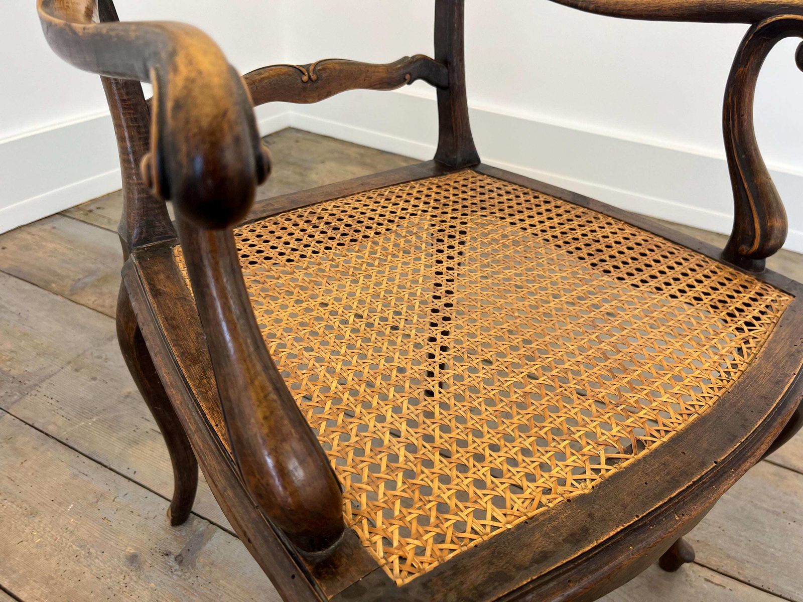 Antique French Rattan Armchair / Hand Carved Wood / 1890s photo vintage