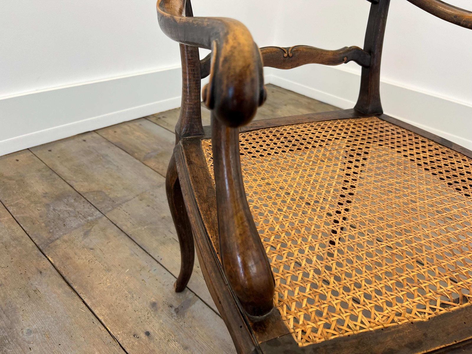 Furniture Antique French Rattan Armchair / Hand Carved Wood / 1890s photo