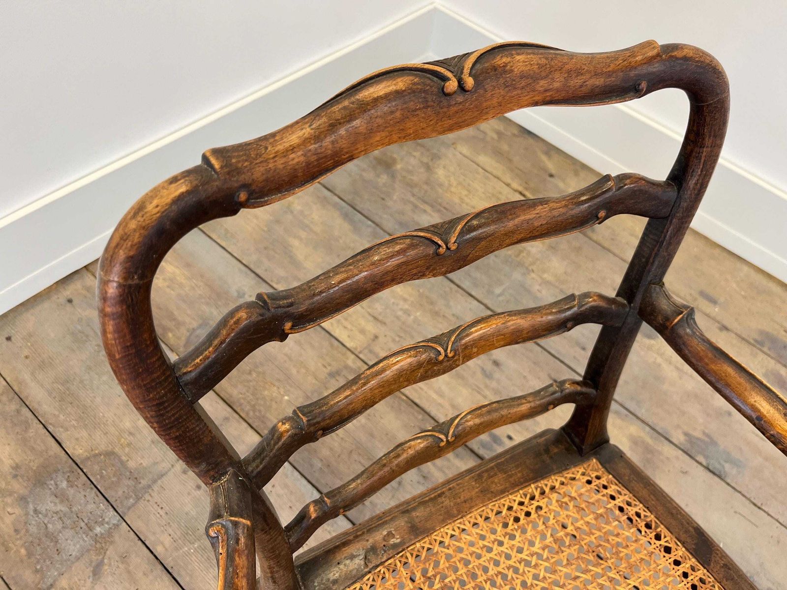 photo vinterior Antique French Rattan Armchair / Hand Carved Wood / 1890s