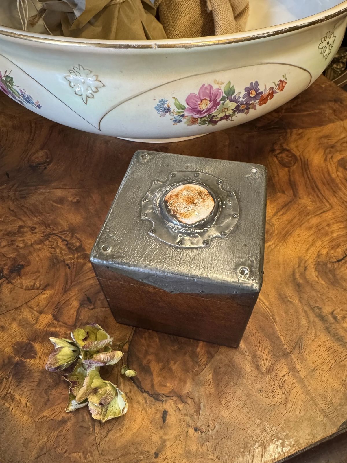 Antique Art Nouveau Pewter & Wood Liberty Style Tea Caddy photo for sale
