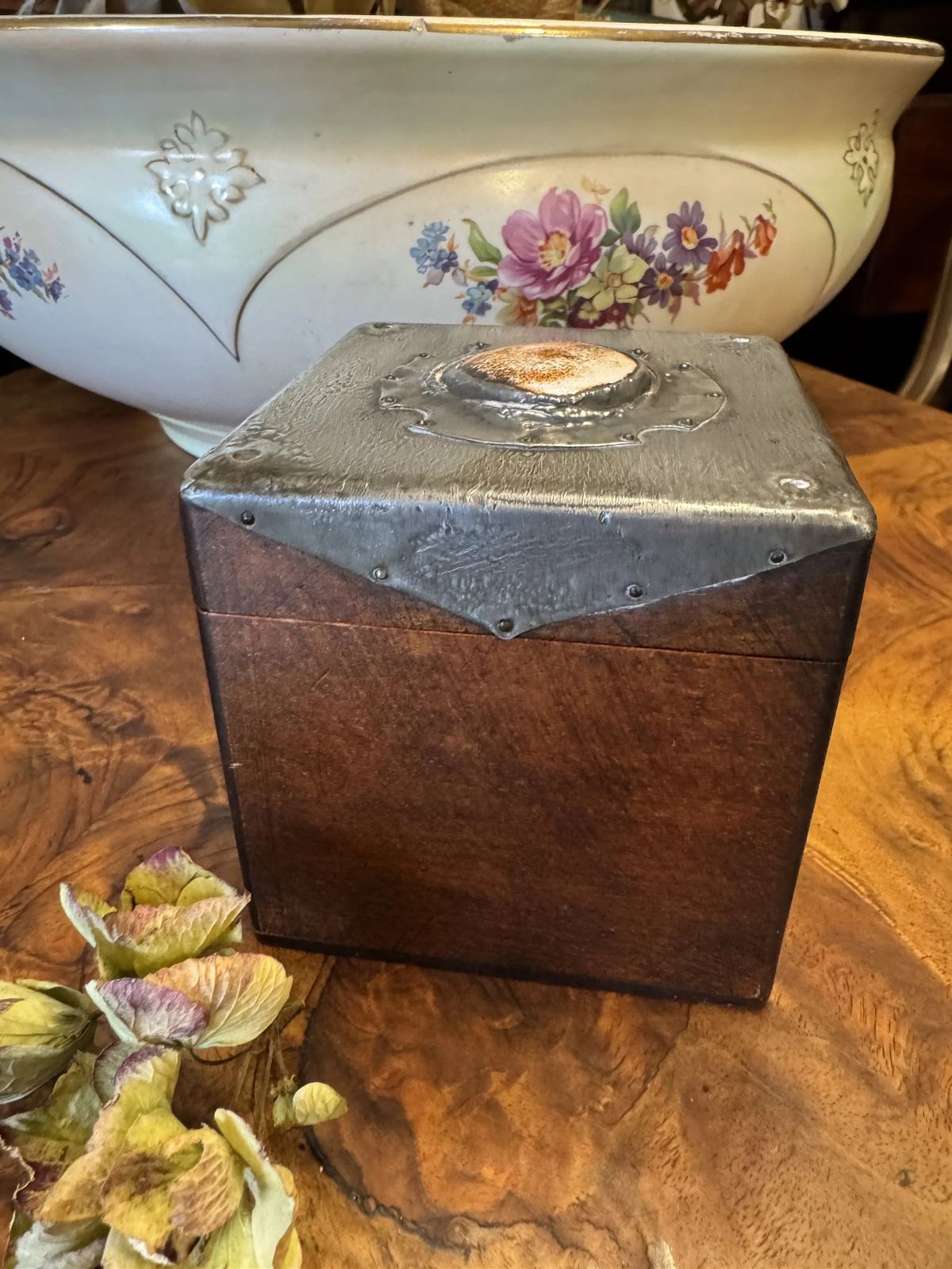 Antique Art Nouveau Pewter & Wood Liberty Style Tea Caddy photo Home Decor