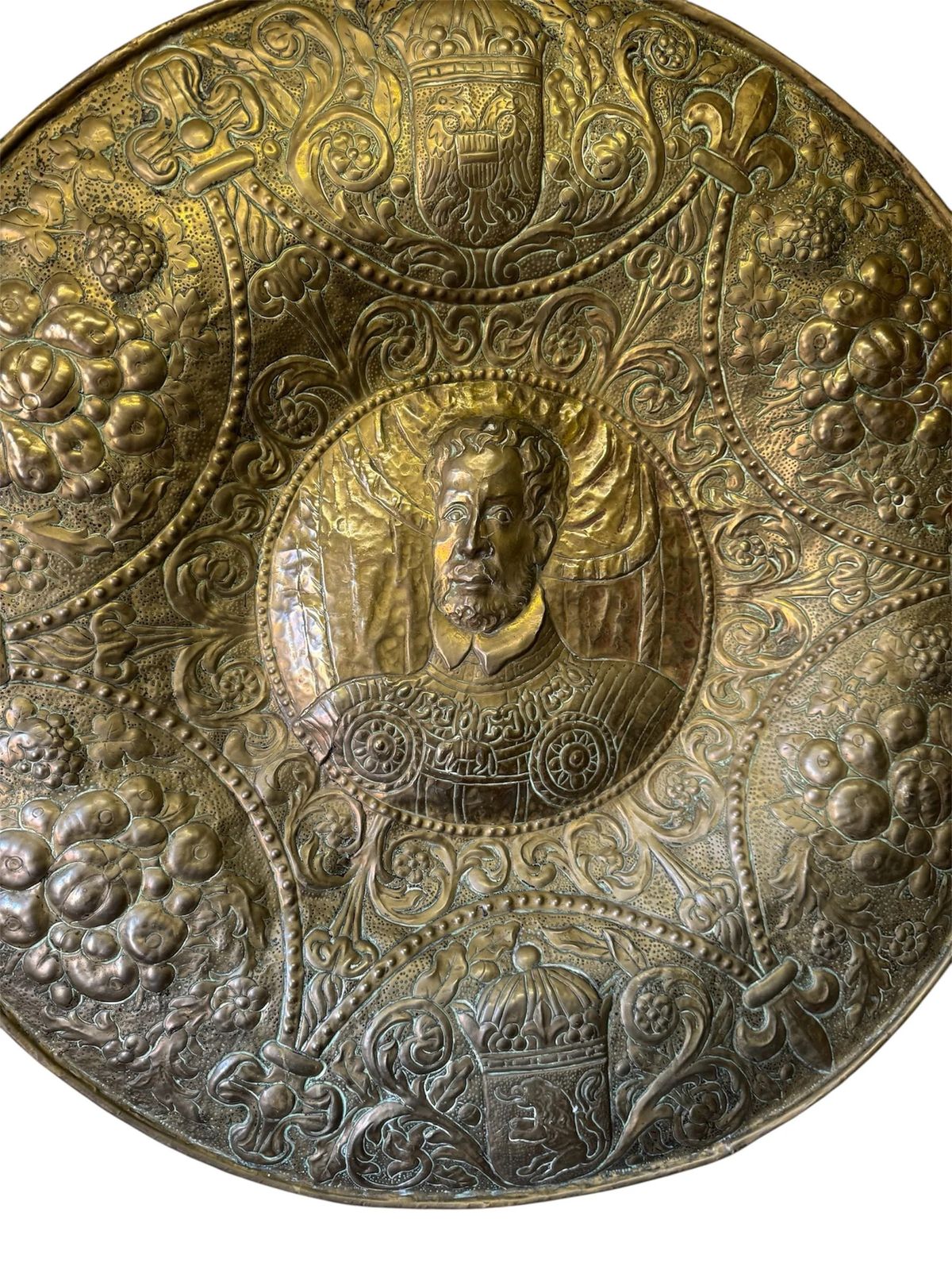 Huge Antique Dutch 18th Century Brass Wall Charger Of Noble Gentleman photo for sale