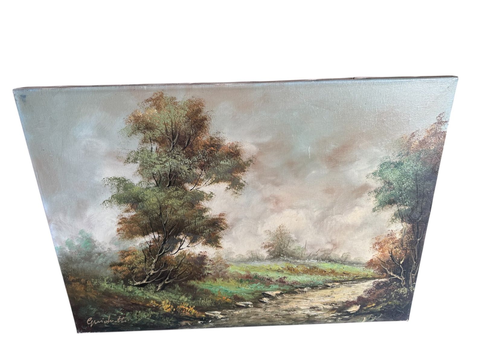 Vintage Mid Century Unframed Oil On Canvas Landscape Painting photo furniture