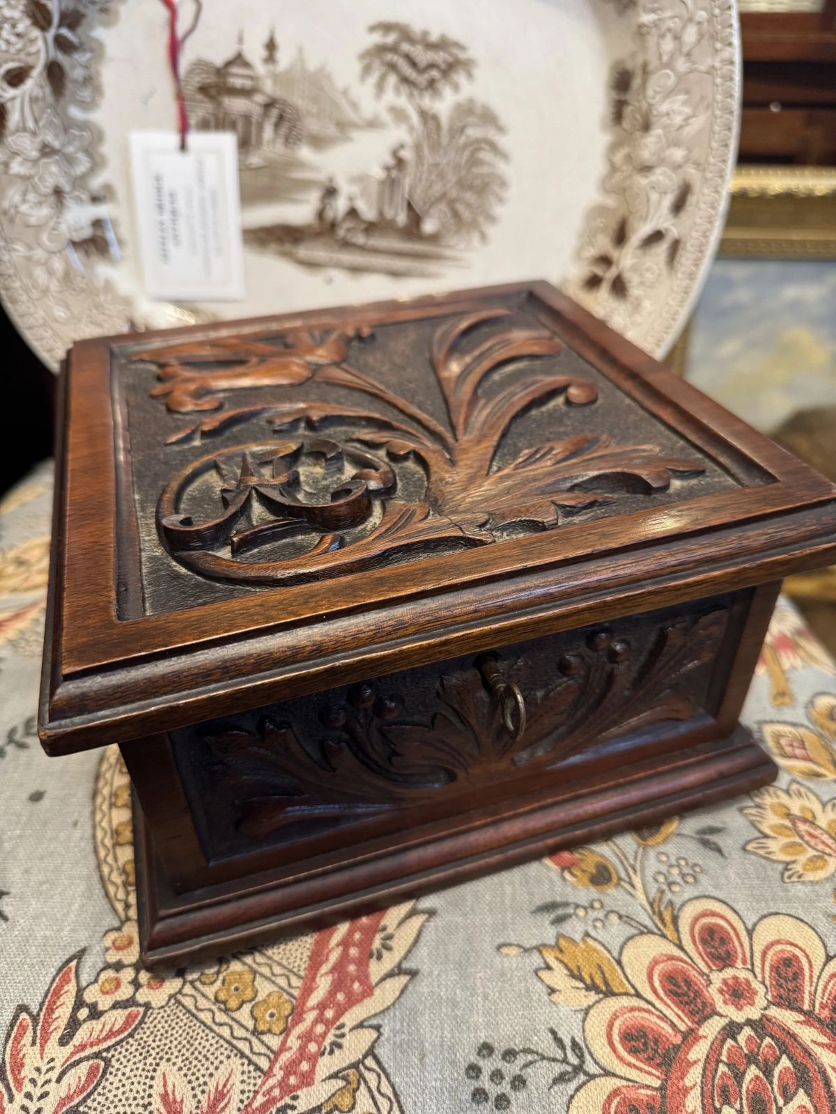 Antique Victorian Art Nouveau Style Carved Floral Mahogany Jewellery Box