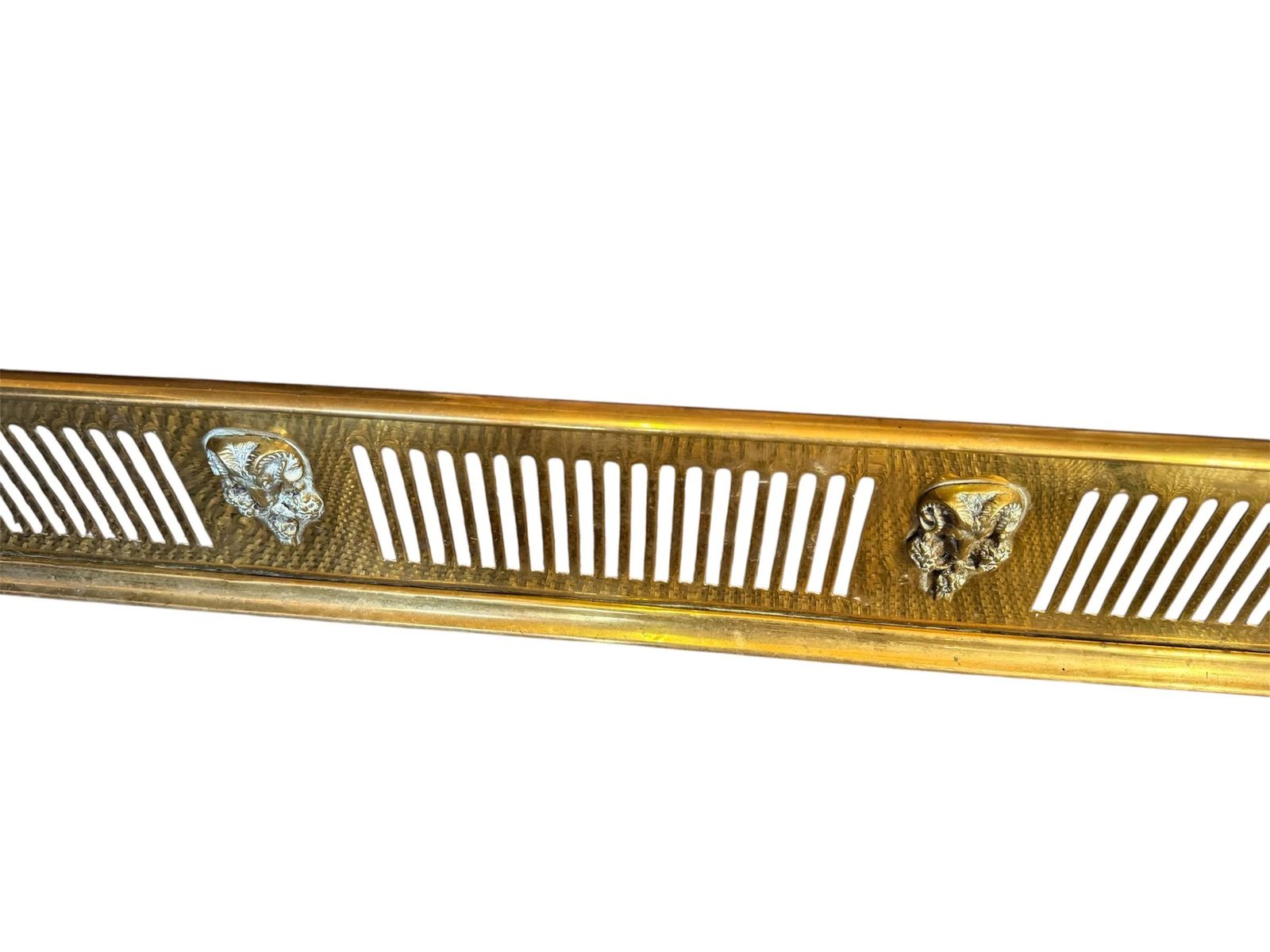 Antique Georgian Style Brass Fire Place Fender With Rams Head Design photo for sale