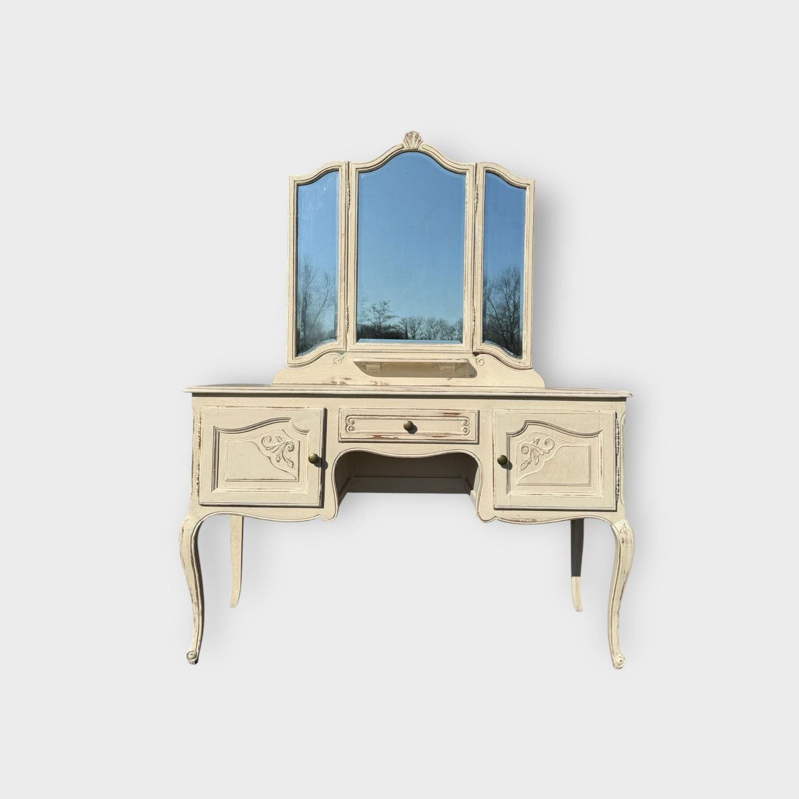 Vintage Painted French Dressing Table 1 Drawer, 2 Cupboards & 3 Way Mirror
