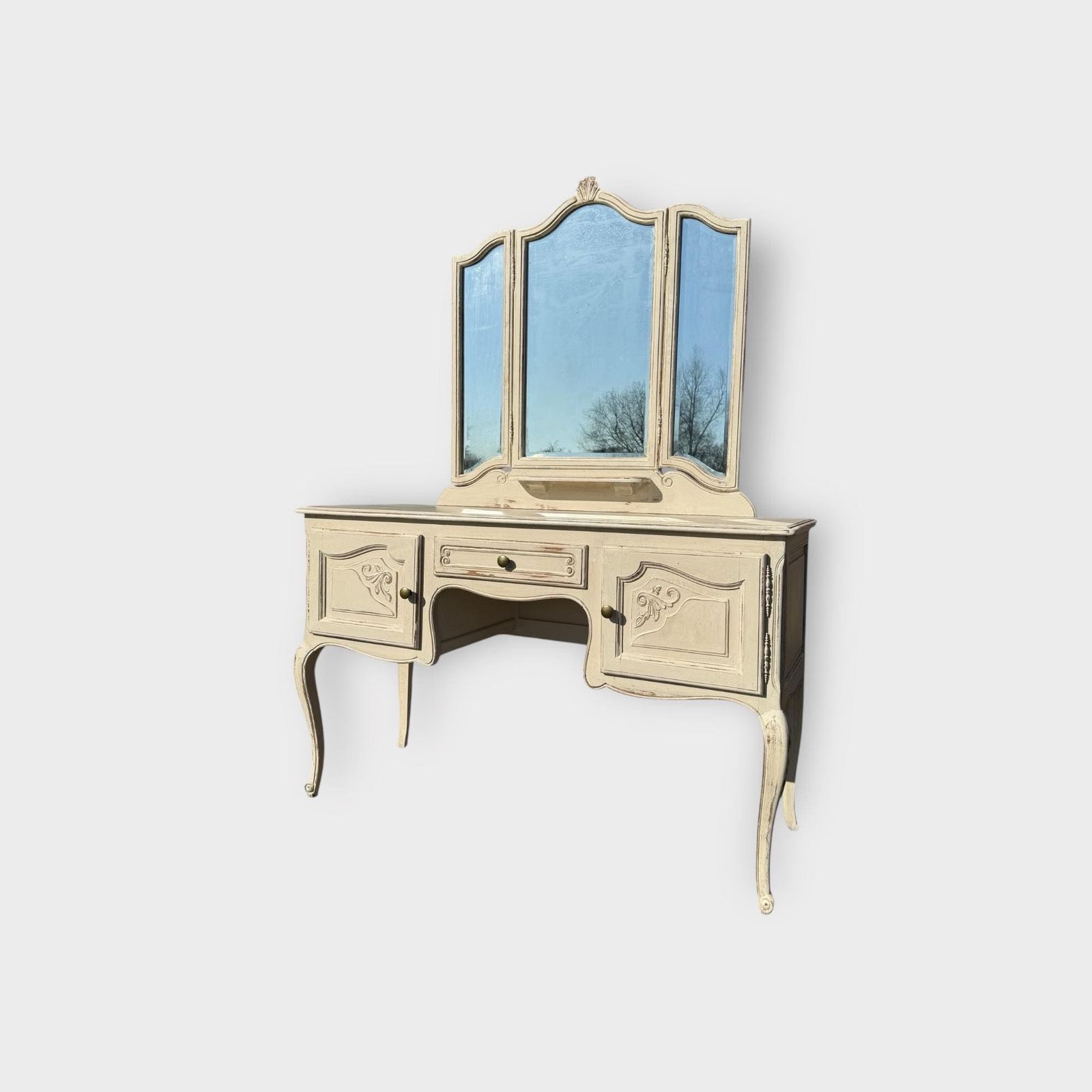 Vintage Painted French Dressing Table 1 Drawer, 2 Cupboards & 3 Way Mirror photo furniture