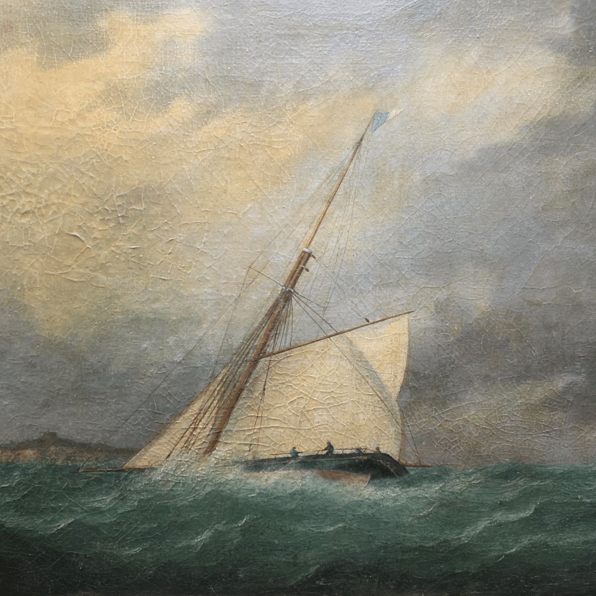 Antique Painting With A Sailboat On A Rough Sea, From Around 1900 photo furniture