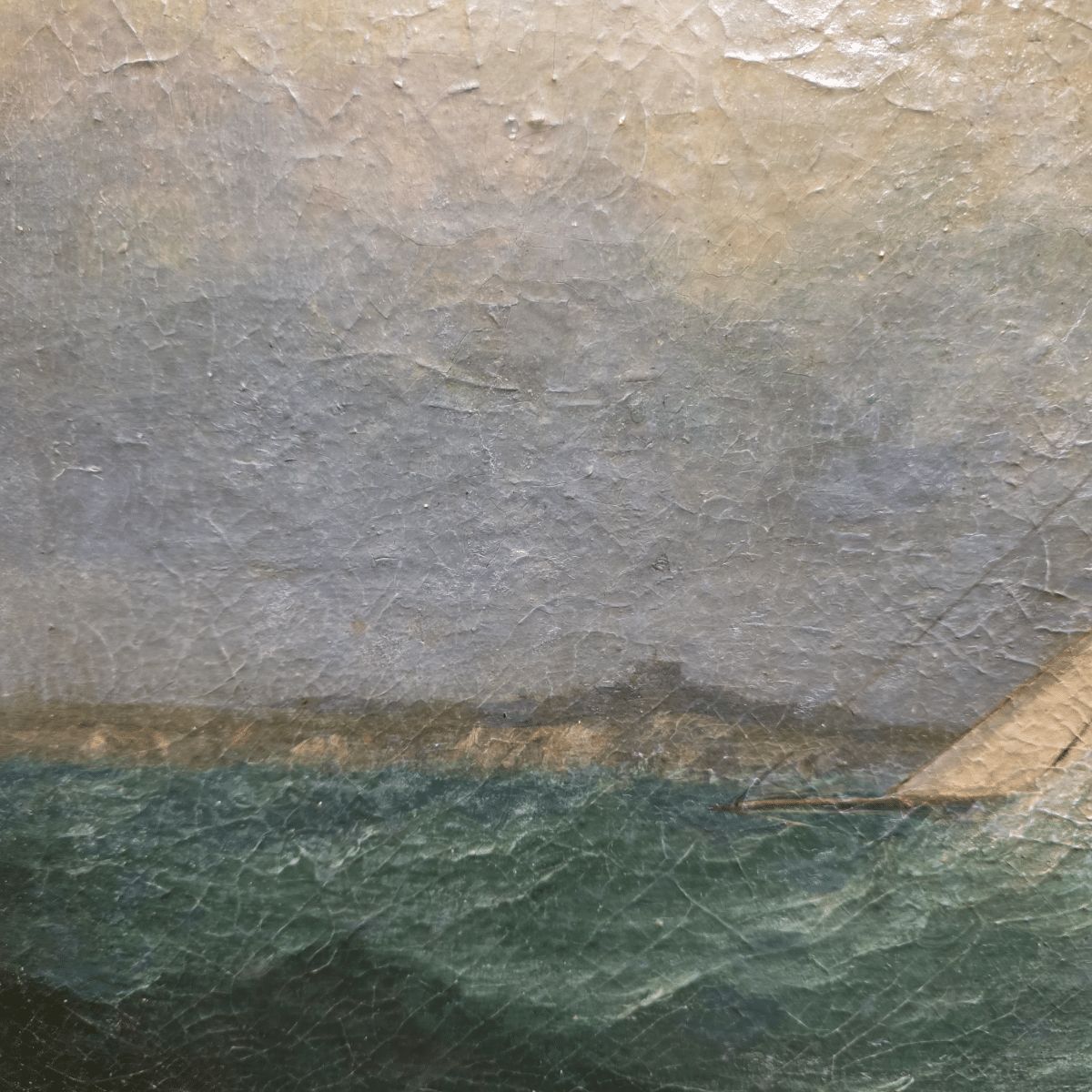 Antique Painting With A Sailboat On A Rough Sea, From Around 1900 photo 795.0