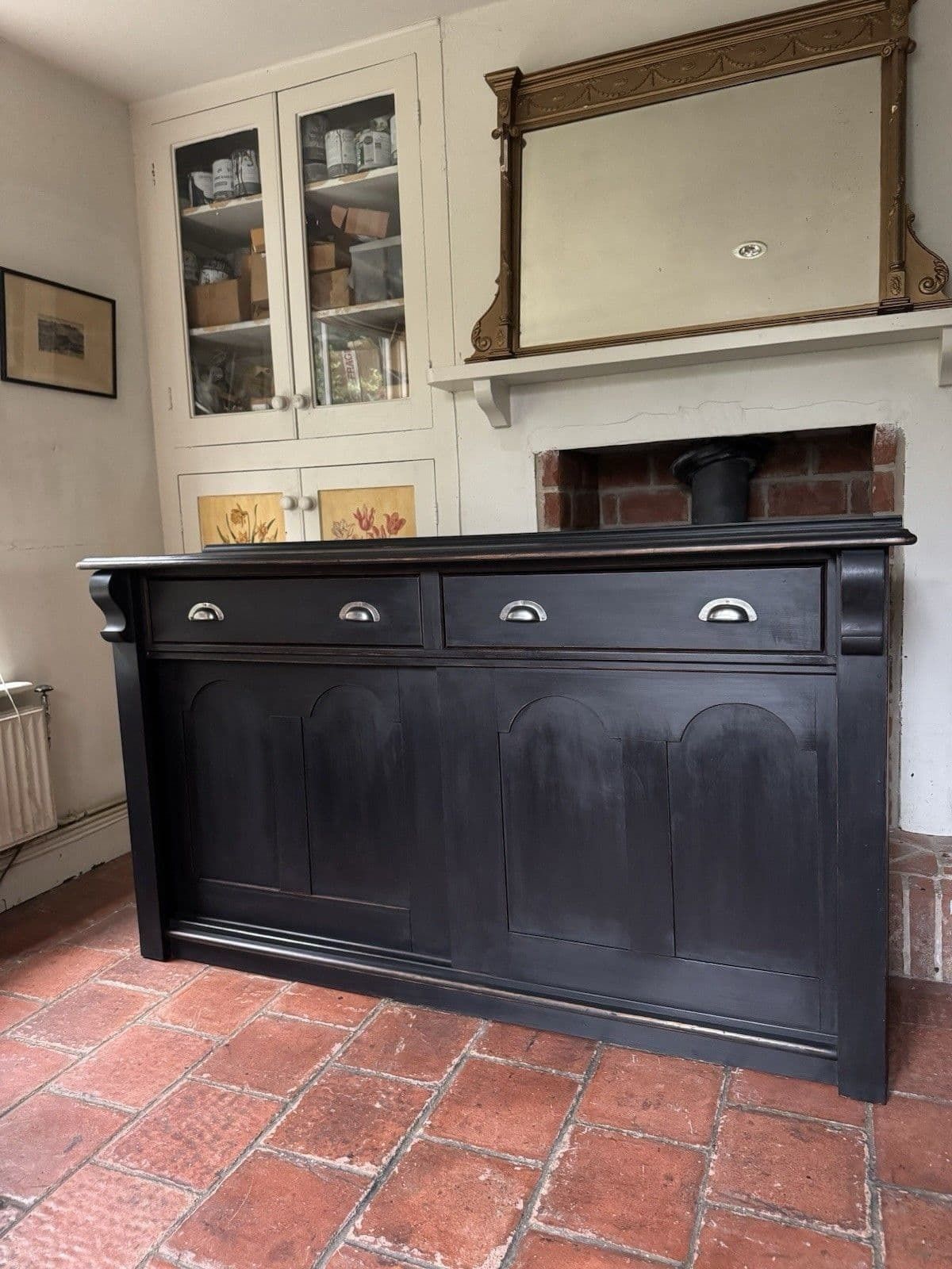 Furniture Antique Victorian Painted Solid Pine Sideboard Dresser Base Sliding Door Cupboard photo